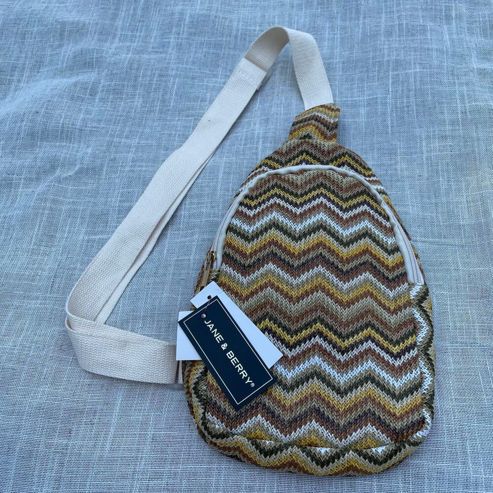 Jane & Berry Woven Chevron Sling Backpack Crossbody Bag NWT Boho Neutral